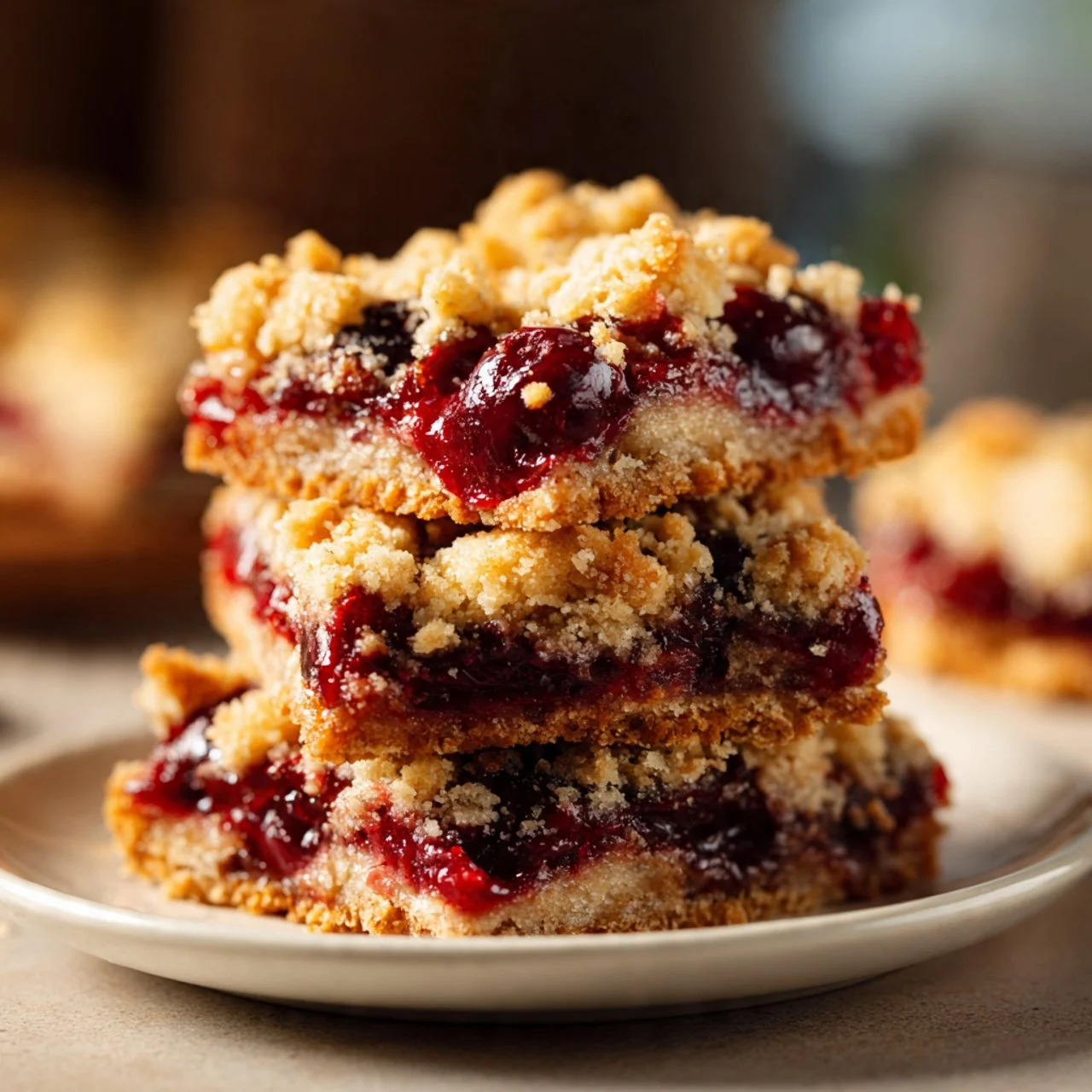 Delicious cherry crumble bars cut into squares on a wooden table.