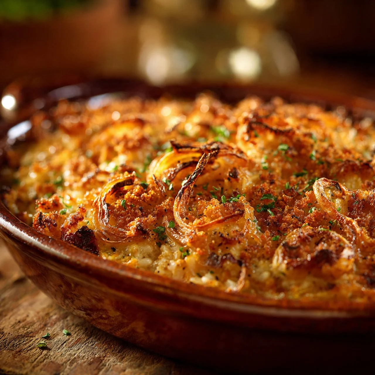 Savory French Onion Chicken Rice Bake topped with cheese and onions