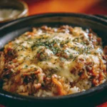 French onion casserole with ground beef and rice served in a dish