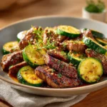 Plate of Garlic Butter Steak Bites with herbs and garlic sauce