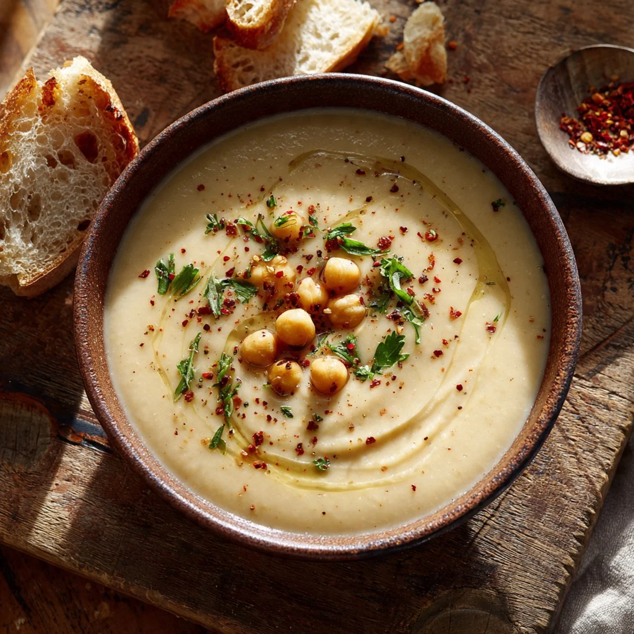 Delicious bowl of Garlic Chickpea Soup garnished with herbs