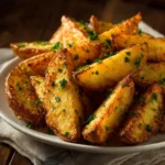 Delicious Garlic Parmesan Potato Wedges served on a plate
