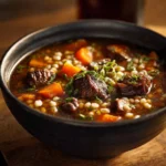 Gordon Ramsay's beef barley soup served in a rustic bowl with herbs.