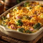 Baked ham casserole topped with cheese and breadcrumbs, served hot.