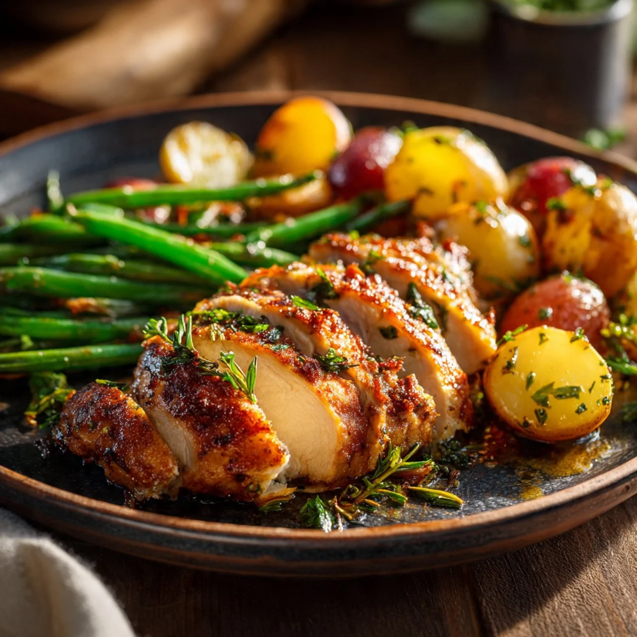 Healthy Chicken Parmesan with colorful vegetables and a crispy topping.