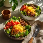 High-protein cheeseburger bowls with ground beef and burger sauce in a bowl