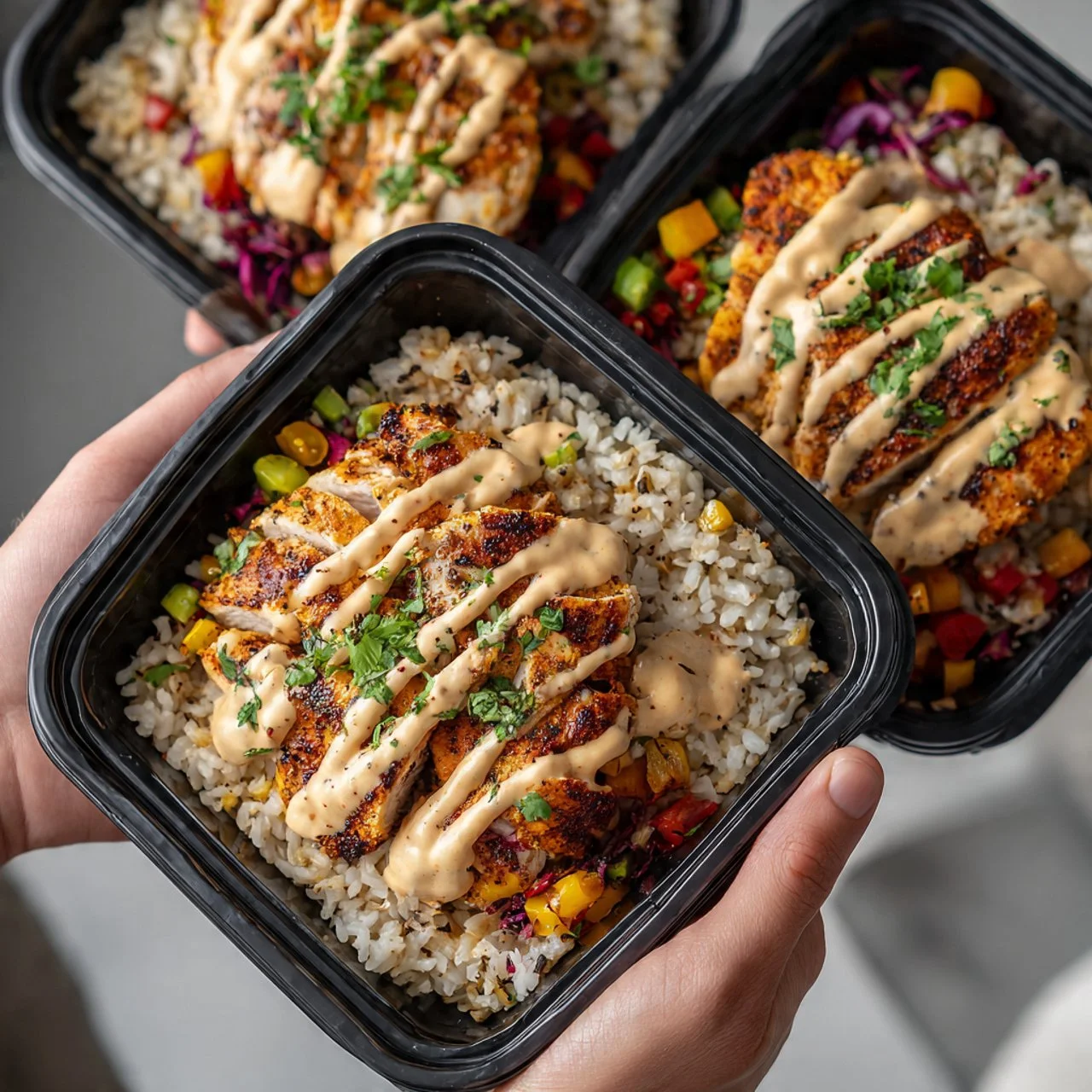 High protein creamy Cajun chicken and rice dish served in a bowl