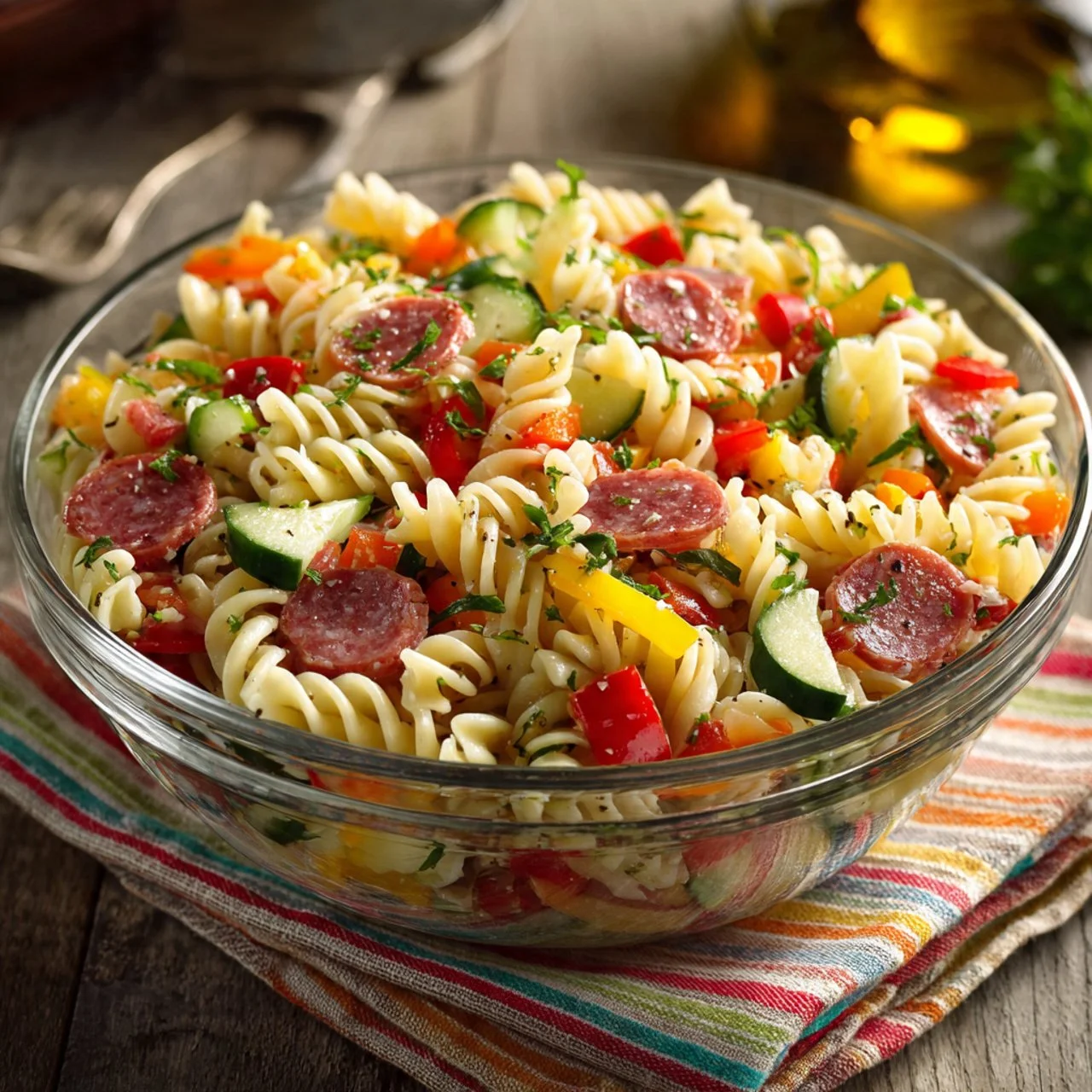 High protein Italian pasta salad with colorful vegetables and dressing