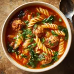 Bowl of Italian Meatball Soup with fresh herbs and meatballs