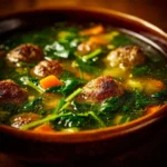 Bowl of Italian Wedding Soup with meatballs and greens