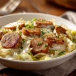 Keto Alfredo with Cajun sausage and cabbage served in a bowl