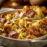 Creamy kielbasa sausage cheesy potato casserole served in a dish.