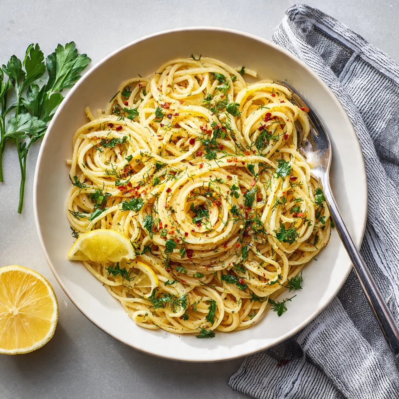 Plate of Lemon Dill Pasta topped with fresh herbs and lemon zest
