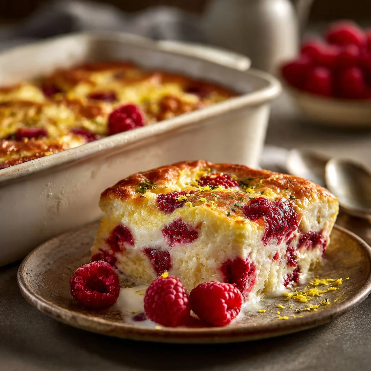 Lemon Raspberry Cottage Cheese Bake served on a white plate with fresh raspberries