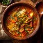 Low calorie cabbage fat burning soup in a bowl with fresh ingredients