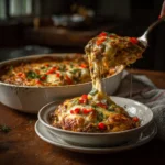 Low carb Philly cheesesteak casserole served in a baking dish