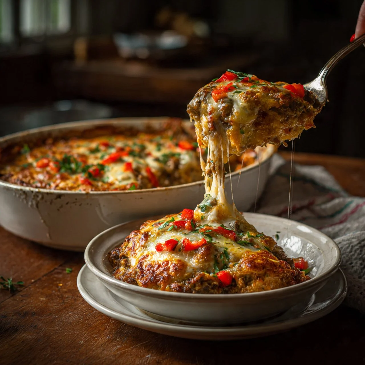 Low carb Philly cheesesteak casserole served in a baking dish