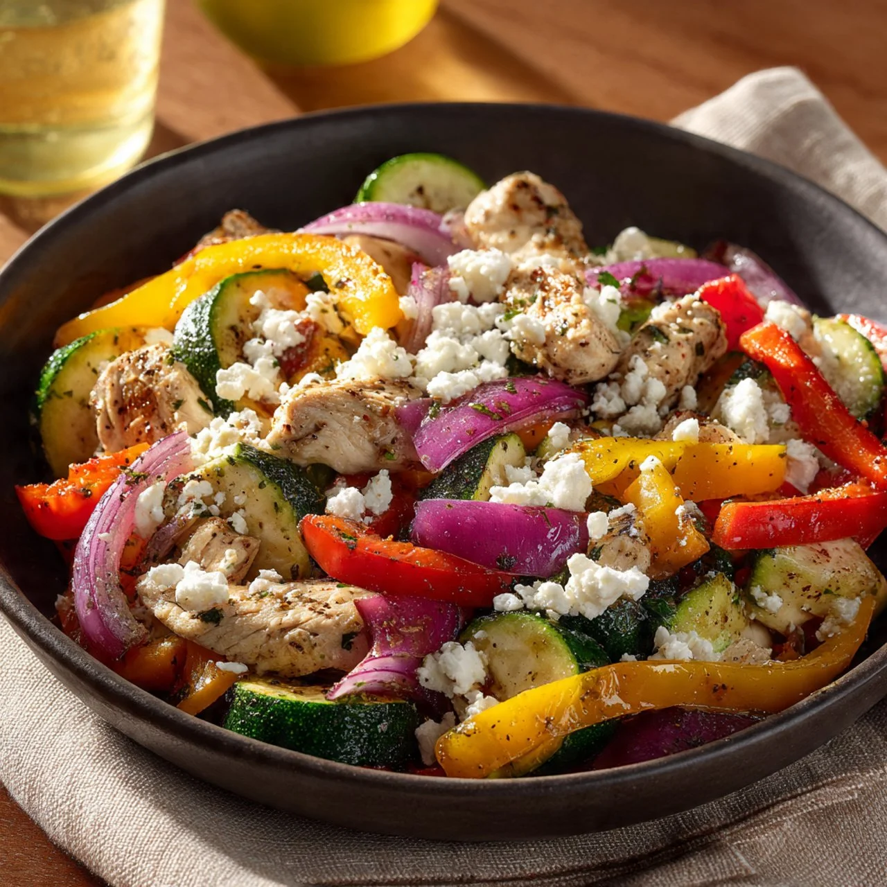 Colorful Mediterranean Chicken stir fry with fresh vegetables and spices