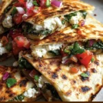 Mediterranean Quesadillas with spinach, feta, mozzarella, and red onion on a plate