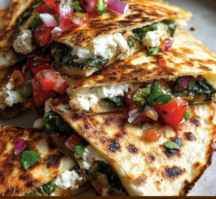 Mediterranean Quesadillas with spinach, feta, mozzarella, and red onion on a plate