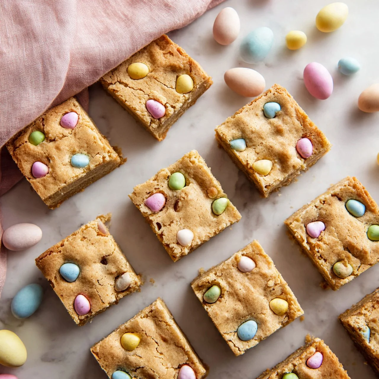 Mini egg cookie bars with colorful egg candies on a baking tray