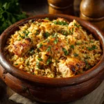Delicious Nando's Portuguese Chicken served with rice in a one-pot meal