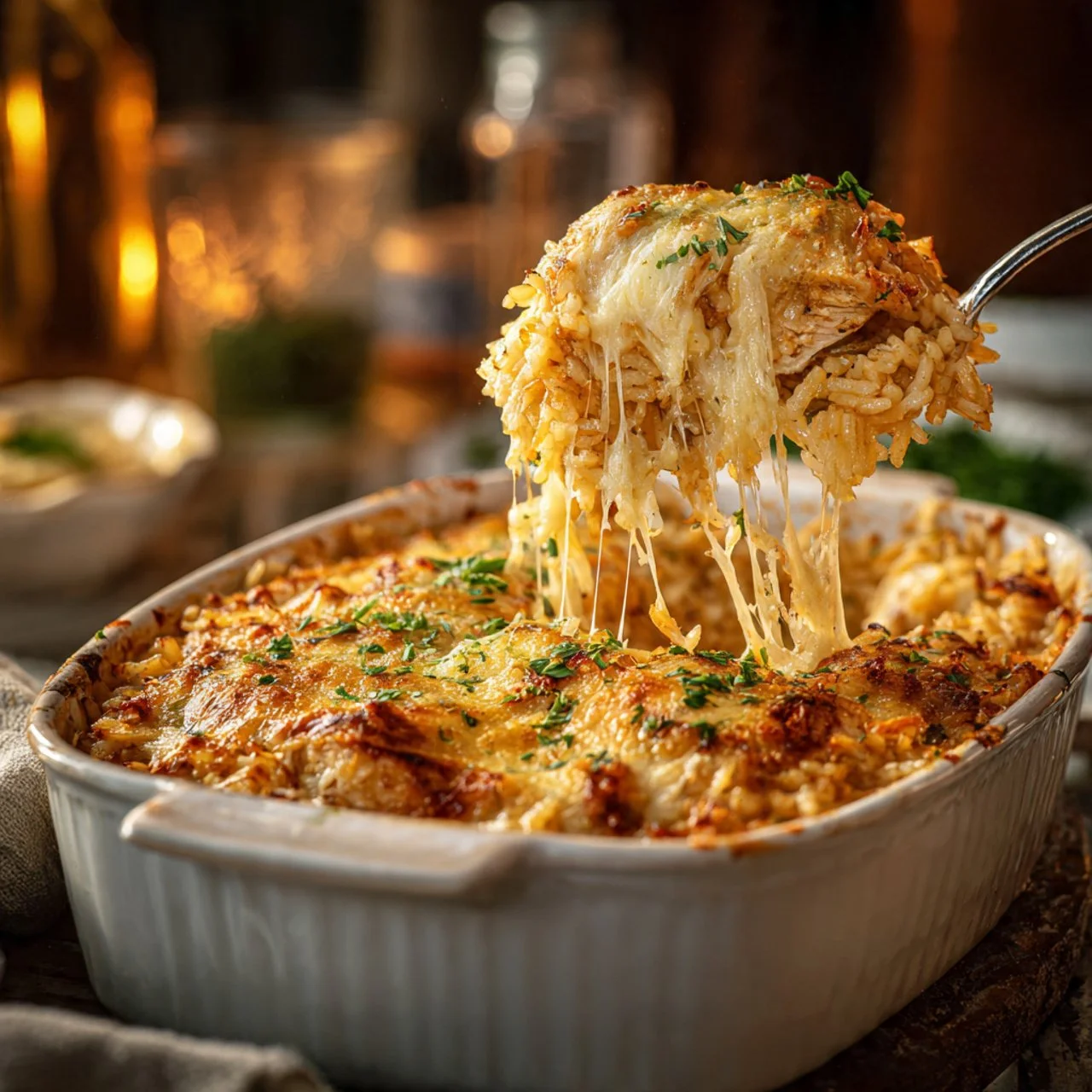 One-Pan Chicken and Rice Bake in a serving dish