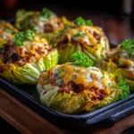 Oven-baked cabbage burgers on a plate with fresh veggies