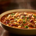 Delicious bowl of pasta and beans with herbs and spices