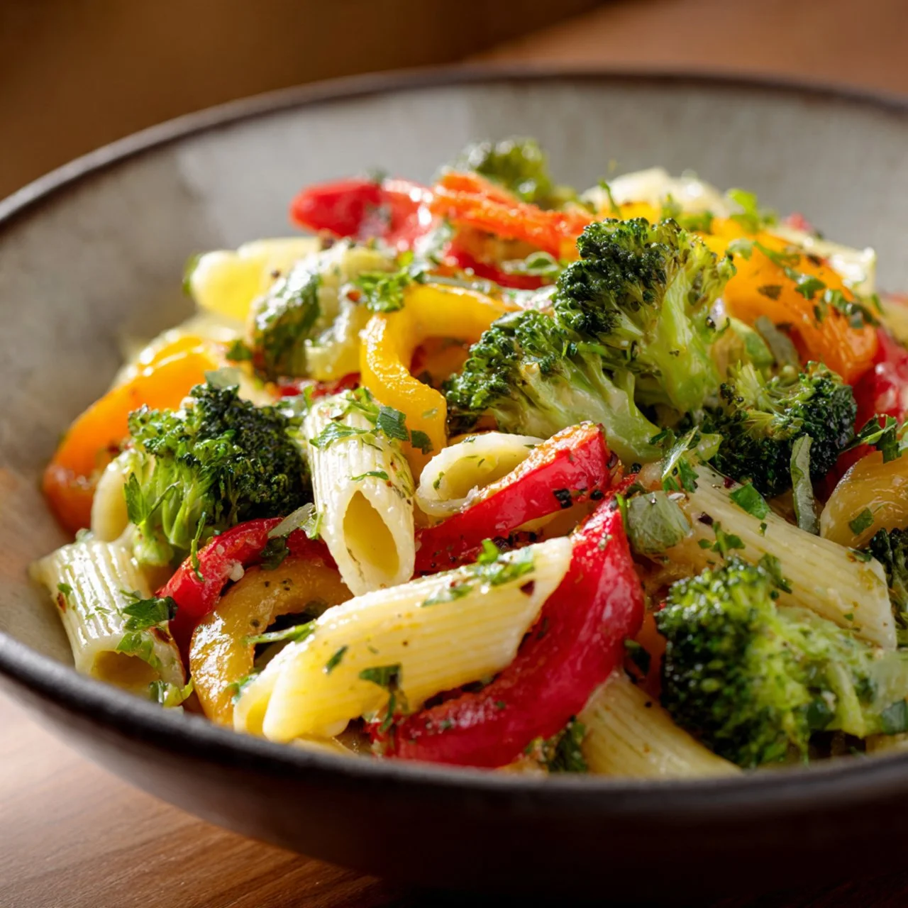 Bowl of Pasta Primavera featuring fresh vegetables and herbs