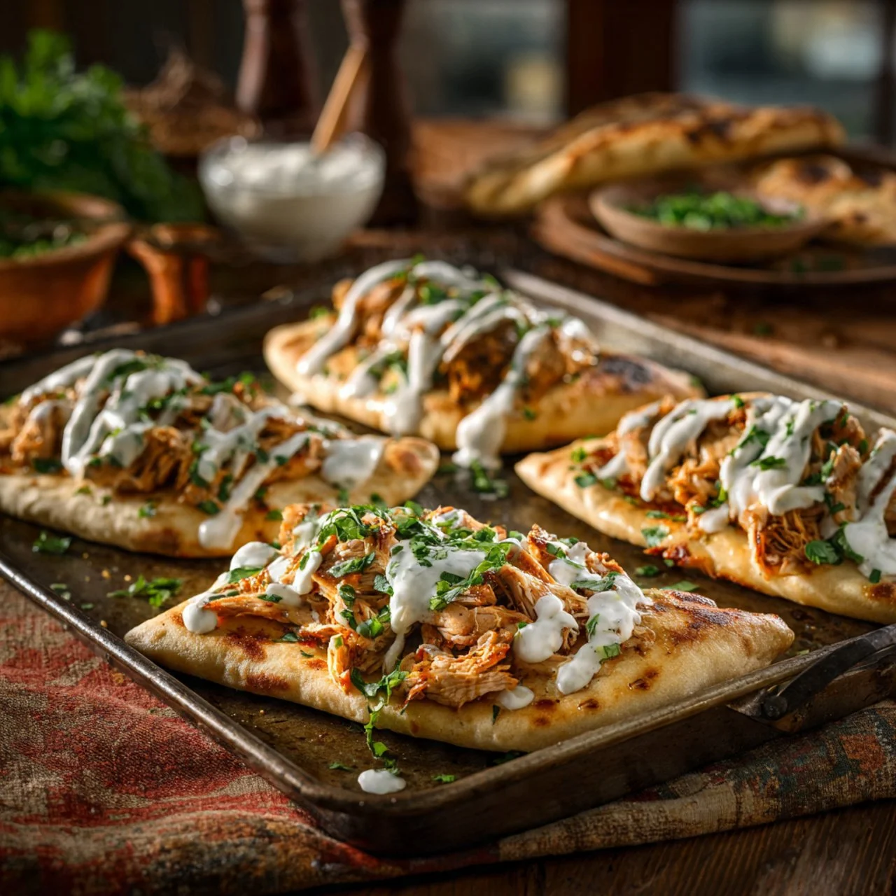 Sheet pan chicken pitas with herby ranch dressing served on a plate