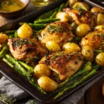 Sheet pan garlic butter chicken with colorful roasted vegetables