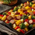 Delicious sheet pan sausage and veggies ready to serve