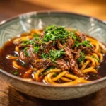 Delicious slow cooker beef and noodles served in a bowl