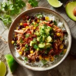 Delicious Slow Cooker Chicken Burrito Bowl filled with chicken, rice, and veggies