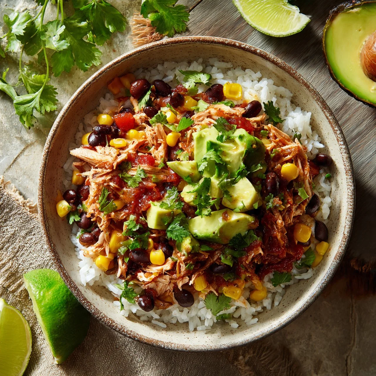 Delicious Slow Cooker Chicken Burrito Bowl filled with chicken, rice, and veggies