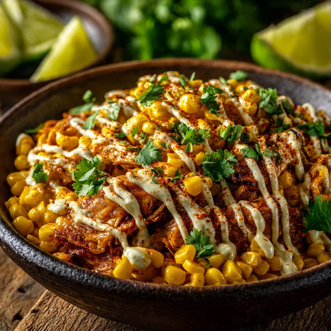 Creamy slow cooker street corn chicken garnished with fresh cilantro