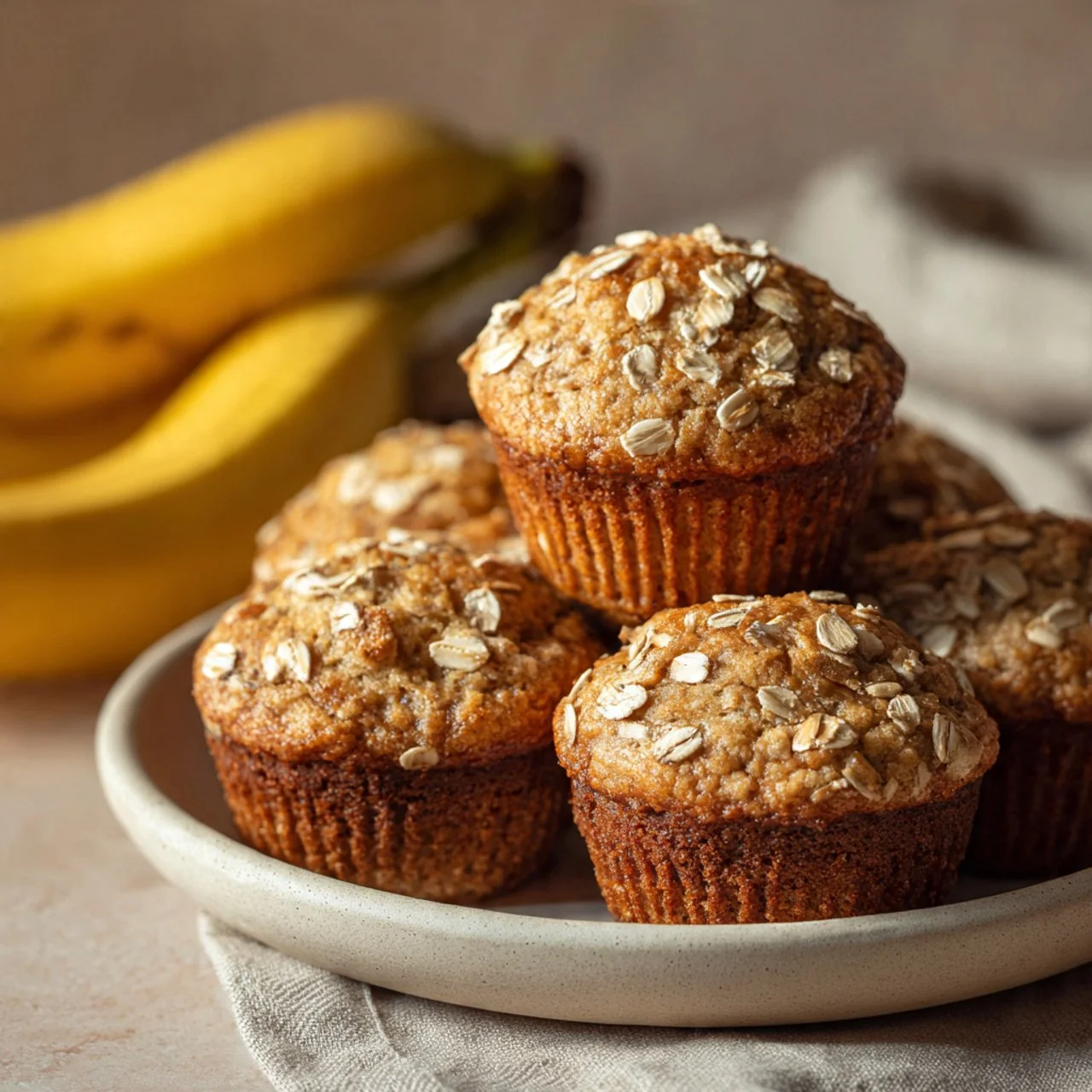 Sourdough Banana Oat Muffins on a plate with bananas and oats