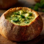 Sourdough bread bowls filled with soup, a delicious and rustic dish.