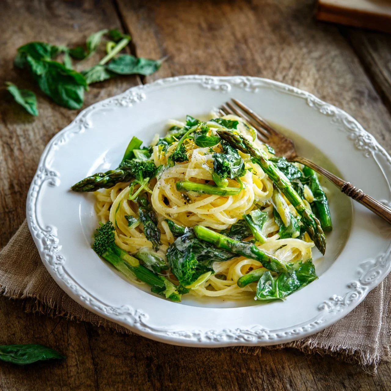 Spring Pasta with leek and pea sauce topped with fresh burrata cheese