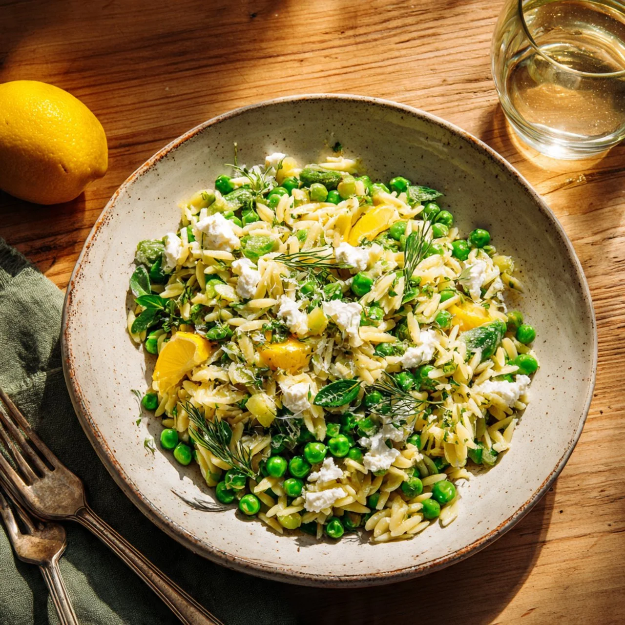 Spring Pea & Lemon Orzo Salad with fresh peas and lemon zest