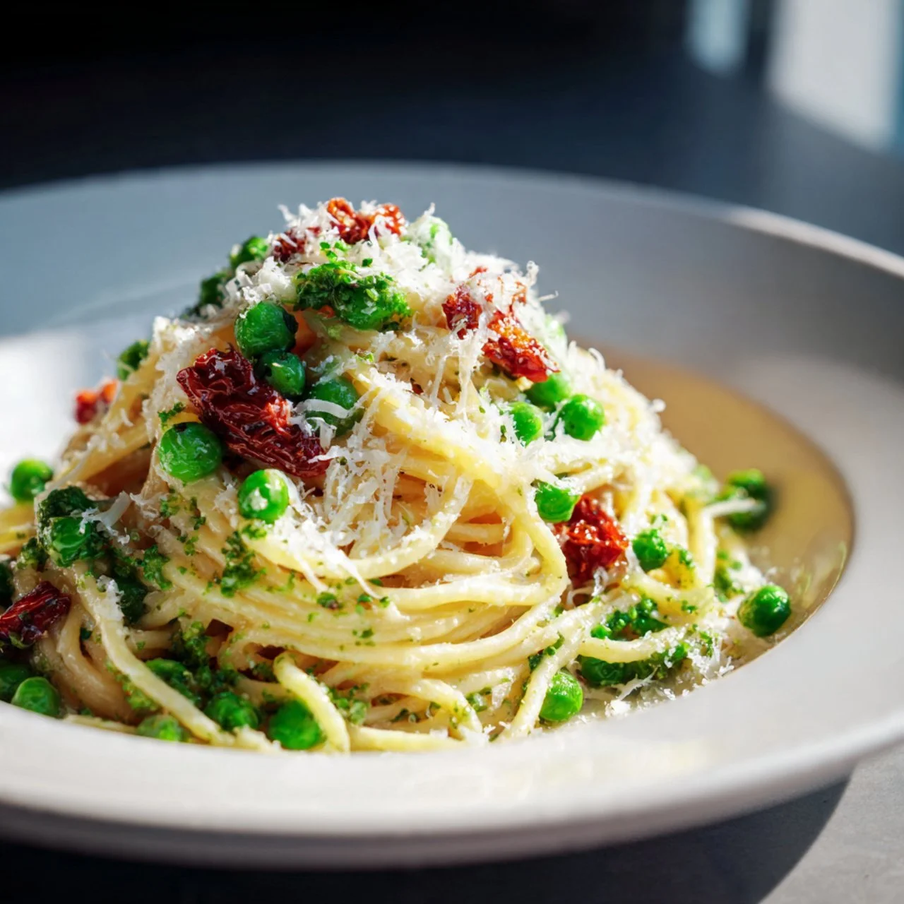 Spring Vegetable Carbonara with fresh vegetables and creamy sauce