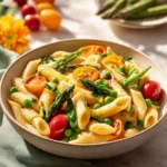 Colorful spring vegetable pasta dish garnished with fresh herbs.