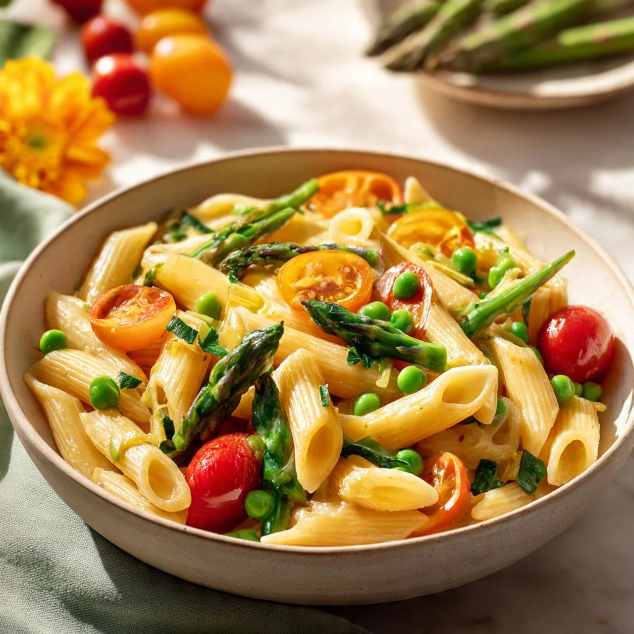 Colorful spring vegetable pasta dish garnished with fresh herbs.