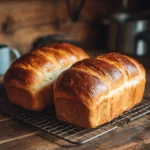 Freshly baked soft sourdough sandwich bread loaf on a wooden cutting board.