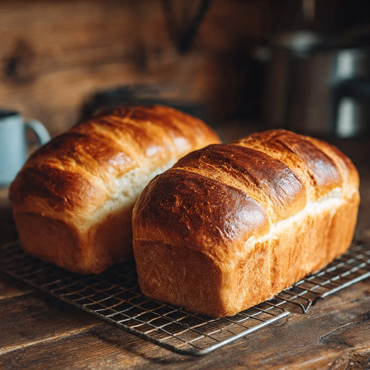 Freshly baked soft sourdough sandwich bread loaf on a wooden cutting board.