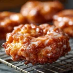 Delicious homemade sourdough apple fritters drizzled with glaze.