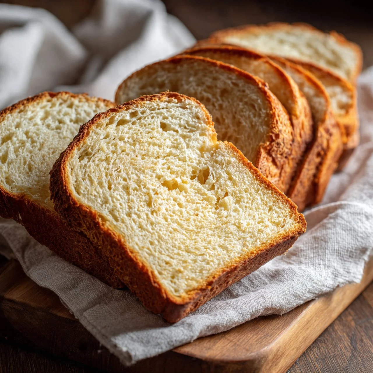 Loaf of soft sourdough sandwich bread on a wooden cutting board
