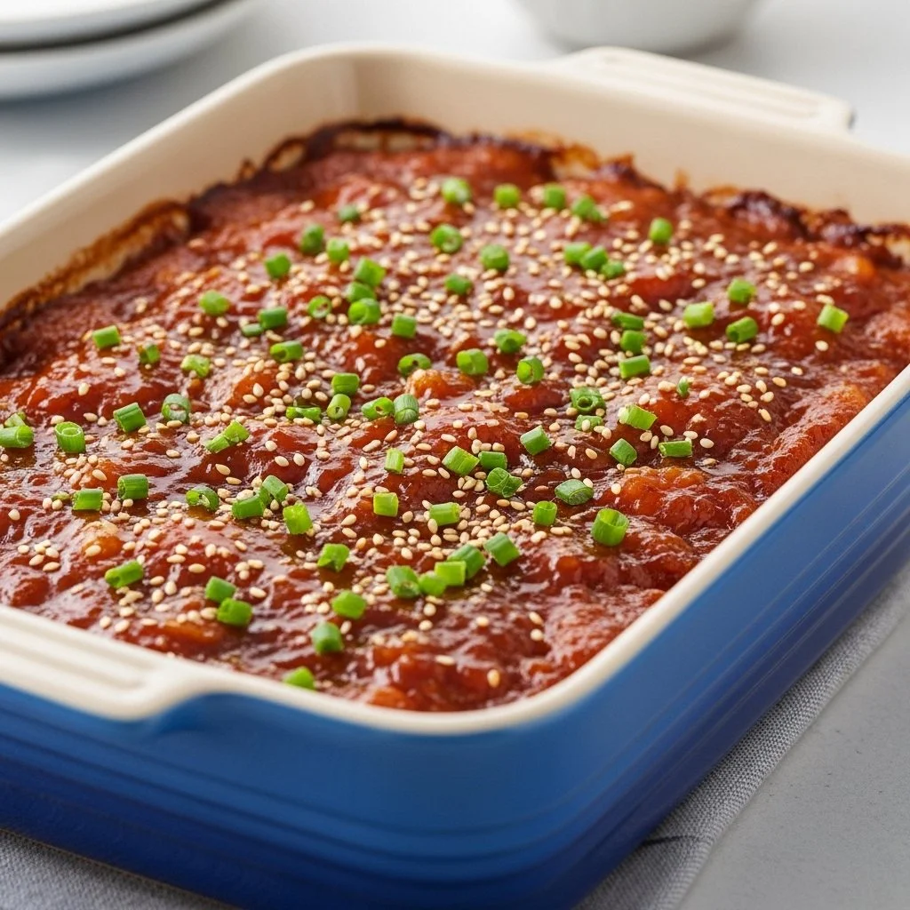 Viral dumpling lasagna served in a dish with fresh herbs and cheese on top.