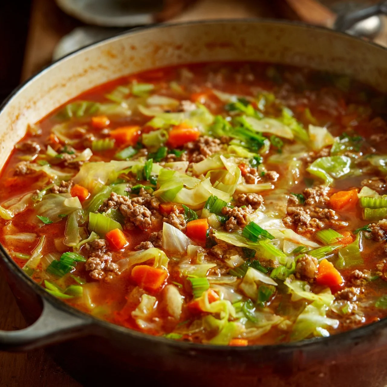 Healthy Weight Watchers cabbage soup in a bowl with fresh vegetables